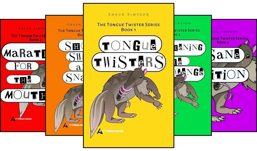 The five books in The Tongue Twister Series, fanned out